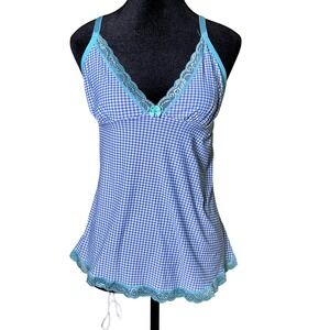 Tracy Blue Gingham‎ Lace Trim Camisole Babydoll Top M Cottagecore Y2K Coquette